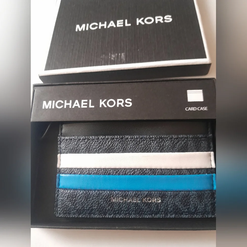 New Michael Kors Men's Card Case In Multi Blue ColorBlock NWT In Gift Box